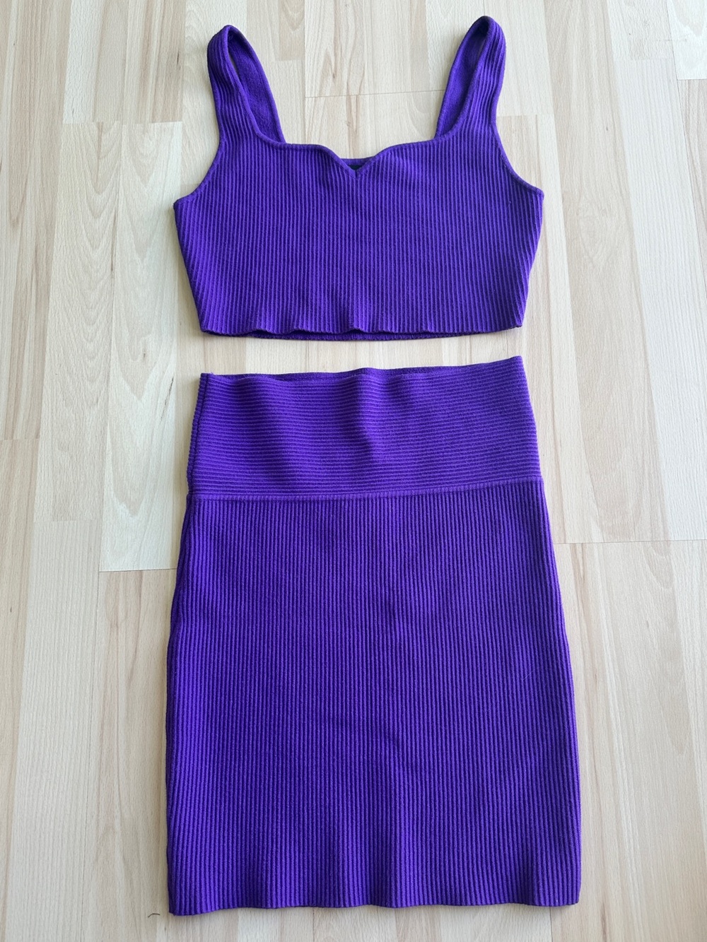 House of Harlow 1960 Purple Ribbed Knit 2-Piece Crop Top Skirt Set M